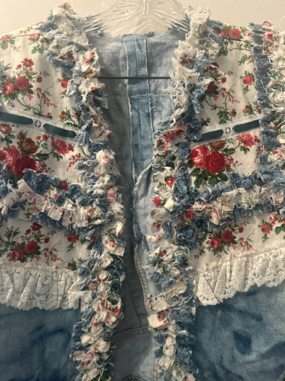 One of a Kind Upcycled Handcrafted Floral Lace Ribbon Distressed Denim Vest - Picture 4 of 16